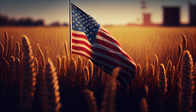 Sunlit wheat field, with an American flag standing tall amidst the golden stalks, independence day concept Ai generated image