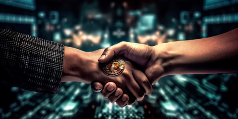 An image of a handshake of two men, in a futuristic style. Generative AI