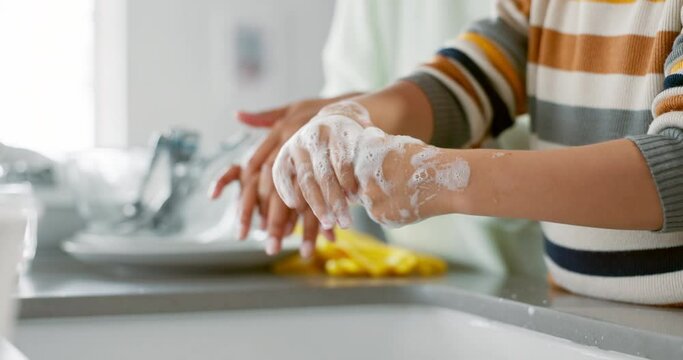 Foam, Washing And Hands With Mom And Kid For Hygiene In Kitchen For Teaching For Safety. Woman, Learning And Child With Soap For Care In Home For Skincare Or Wellness To Stop Dirt In Morning.