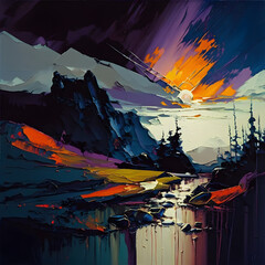 abstract oil painting mountain forest and river at night with type C, generative ai