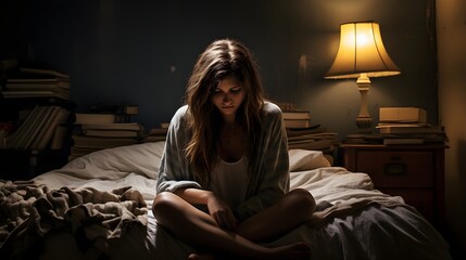Obraz premium A girl coping with anxiety sitting on the edge of her bed