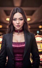 beautiful asian woman with luxury dress in grand casino gambling, generative AI