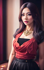 beautiful asian woman with luxury dress in grand casino gambling, generative AI