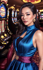 Fototapeta na wymiar beautiful asian woman with luxury dress in grand casino gambling, generative AI