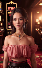 Obraz na płótnie Canvas beautiful asian woman with luxury dress in grand casino gambling, generative AI