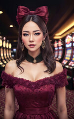 Fototapeta premium beautiful asian woman with luxury dress in grand casino gambling, generative AI