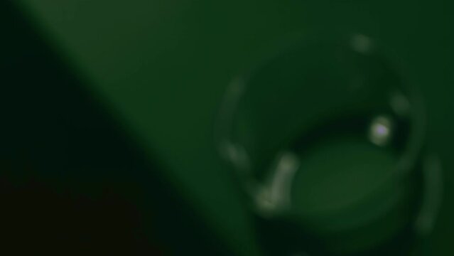 Super slow motion 1000fps pour fall ice cubes in empty glass.Throw ice cubes on green background.Camera moves live handheld top view.Extreme closeup macro shot on ice cubes falling down in cup drink