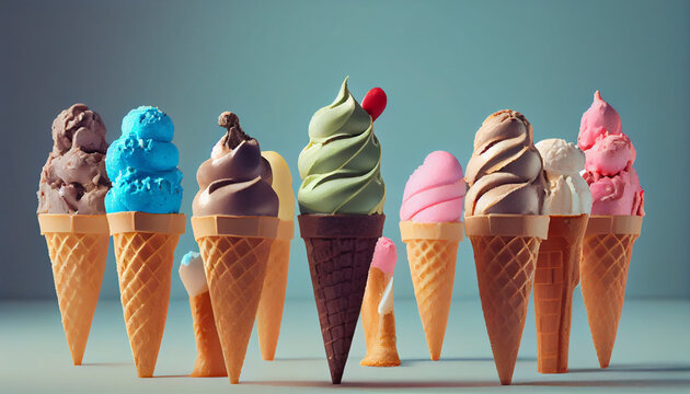 Various varieties of ice cream in cones isolated on light background Ai generated image