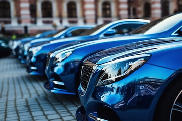 Obraz premium luxury modern blue car close-up. Generative AI illustration