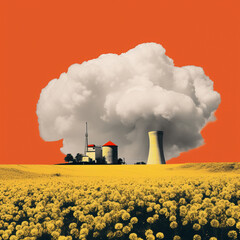 Nuclear Energy Smoke Stacks Surrounded by Nature - Vintage Retro Collage Style - Renewable and Carbon Free Energy Concept for Climate Change - Generative AI