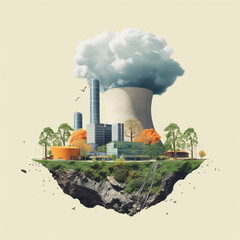 Nuclear Energy Smoke Stacks Surrounded by Nature - Vintage Retro Collage Style - Renewable and Carbon Free Energy Concept for Climate Change - Generative AI