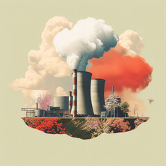 Nuclear Energy Smoke Stacks Surrounded by Nature - Vintage Retro Collage Style - Renewable and Carbon Free Energy Concept for Climate Change - Generative AI