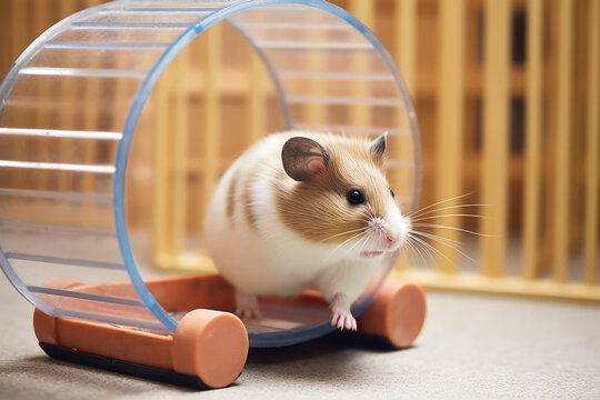 A hamster running on a wheel in its cage, reflecting the popularity of small rodents as low-maintenance and interactive pets, generative AI