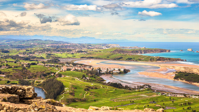 Panoramic and high-altitude view from Monte La Picota of the estuary and beach of Mogro, Cantabria, Spain