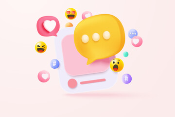 3D vector speech bubble with tick mark for photo gallery platform, online social conversation comment concept, emoji message, speech icons, chat with social media. 3d speak render vector illustration - obrazy, fototapety, plakaty