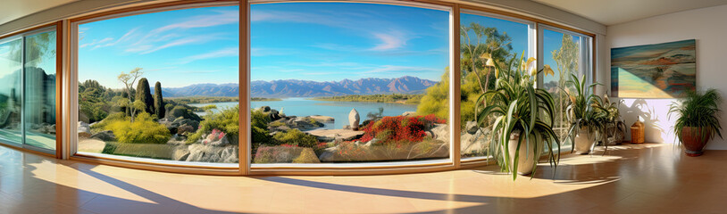 A panoramic fish eye view from a villa terrace with a great view of a lake in Italy. The perfect summer vacation spot to relax.