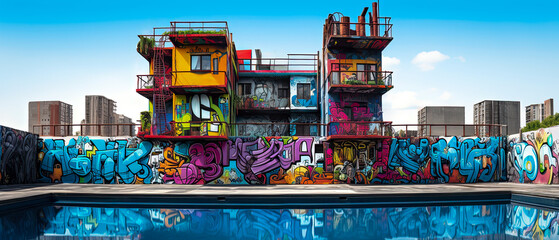 An edgy swimming pool in the downtown area of the city. It has a lot of urban colorful graffiti and modern art with a view of the city skyline.
