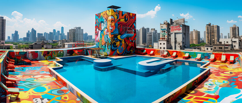 An edgy swimming pool complex in the downtown area of the city. It has a lot of urban colorful graffiti modern art with a view of the city skyline.