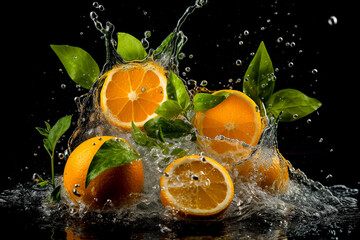 Fototapeta na wymiar Water wave splash with fruits, background for fruit juice drink. Illustration.