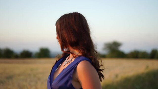 girl in blue dress portrait. High quality FullHD footage