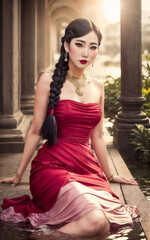 photo portrait of beautiful playful asian lady woman with trending outfit and accessories , generative AI