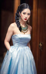 photo portrait of beautiful playful asian lady woman with trending outfit and accessories , generative AI