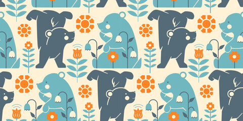 Scandinavian aesthetic, Nordic seamless wallpaper with cute funny bears among flowers. Quirky stylized tile background for home decor, wrapping paper, fabric. Calm lagom aesthetic. Folk hygge style. - obrazy, fototapety, plakaty