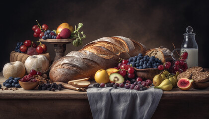 Obraz na płótnie Canvas A rustic still life: Fresh bread, fruit, and gourmet snacks generated by AI
