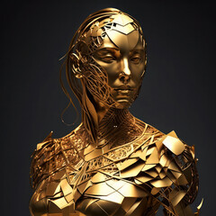 Beauty fashion model girl with golden skin on a black background.Skin of a golden woman. metallic, futuristic abstract image .generative AI