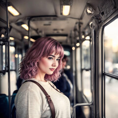 Fototapeta na wymiar beautiful woman standing inside public bus transport, generative AI