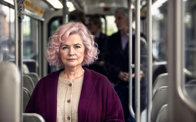 beautiful woman standing inside public bus transport, generative AI