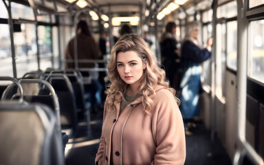 beautiful woman standing inside public bus transport, generative AI