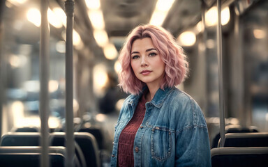 Fototapeta premium beautiful woman standing inside public bus transport, generative AI