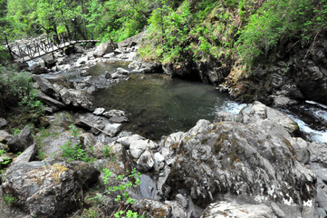 Top view of the pedestrian bridge crossing the rocky bed of a small river flowing down from the mountains through a dense summer forest.