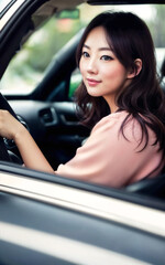 Fototapeta na wymiar beautiful asian woman driving a car, generative AI