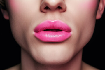 man's face with makeup with pink lipstick lips. Portrait of a transgender gay man close-up. Generative AI illustration