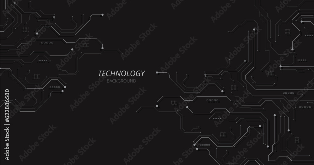 Poster Grey circuit connection on black background. High-tech circuit board connection system. futuristic digital innovation background.