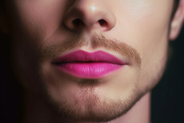 man's face with makeup with pink lipstick lips. Portrait of a transgender gay man close-up. Generative AI illustration