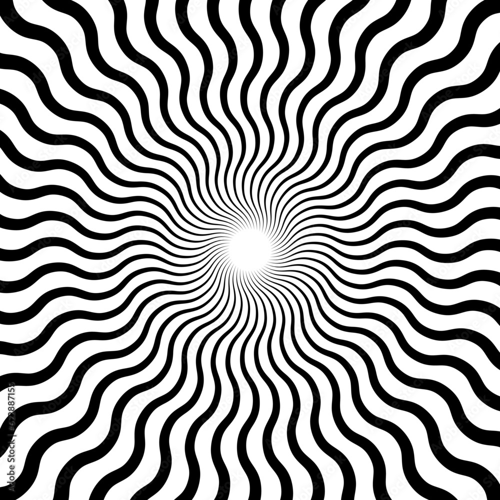 Aufkleber optical illusion background. black and white abstract distorted wavy lines surface. radial waves pos