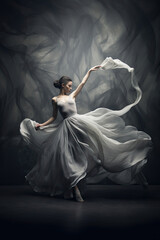 Ballerina Dancing with Silk Fabric, Modern Ballet Dancer in Fluttering Waving Cloth, Pointe Shoes, Gray Background