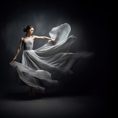 Fototapeta na wymiar Ballerina Dancing with Silk Fabric, Modern Ballet Dancer in Fluttering Waving Cloth, Pointe Shoes, Gray Background