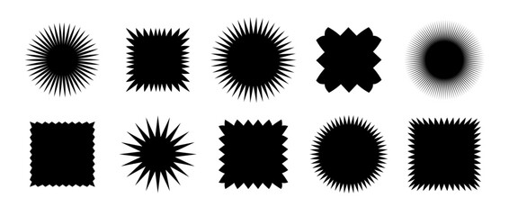 Zig zag edge square and circle shapes collection. Jagged patches set. Black graphic design elements for decoration, banner, poster, template, sticker, badge. Vector