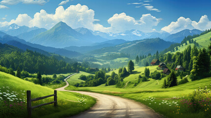 Country road and green mountains in summer