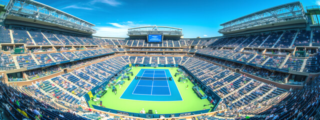 Perspective of Arthur Ashe Stadium with fans. US Open tennis tournament finals on blue and green court. Generative Ai content - Powered by Adobe