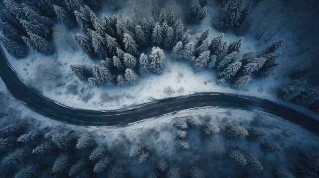 Forest In Snow. Snowy Forest Road. Forest Road From Above