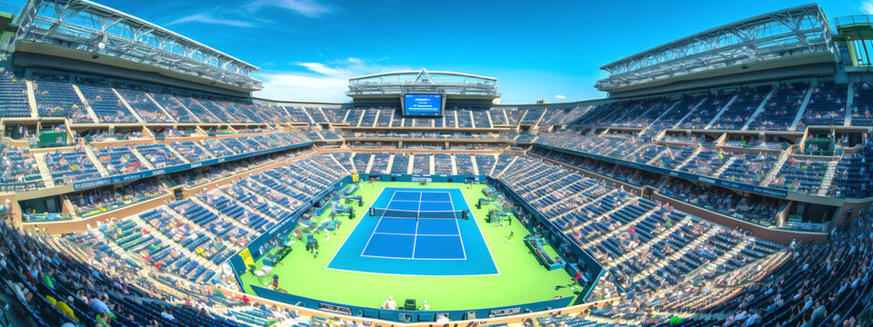 Perspective of Arthur Ashe Stadium with fans. US Open tennis tournament finals on blue and green court. Generative Ai content