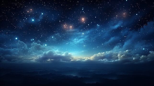 Beautiful Nature Cloudscape with Foggy Clouds and Starlight on Blue Sky at Calm Night