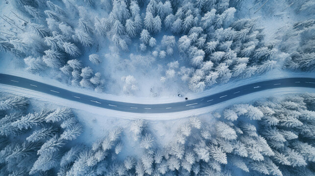 Forest In Snow. Snowy Forest Road. Forest Road From Above