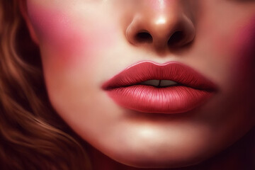 Obraz premium woman's lips with pink lipstick and an open mouth on a female face close-up. Beauty concept. Generative AI illustration