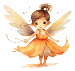 a watercolor illustration of a little fairy in a rustic orange dress and rustic orange wings isolated. © Pro Hi-Res